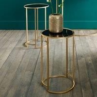 Antique Gold Metal & Black Glass Set of 2 Nesting Round Tables