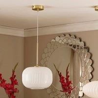 White Glass and Gold Metal Ribbed Squoval Pendant