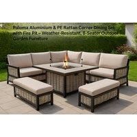 Pacific Lifestyle Antigua Corner Set with Relaxed Dining Fire Pit Table - Stone Grey