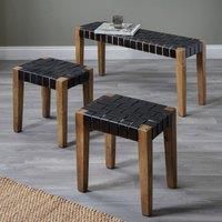 Pacific Lifestyle Claudio S 3 Black Leather And Mango Wood Bench And Stools, Black