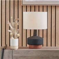 Pacific Lifestyle Ceramic Table Lamp with Wood Effect Textured Base | Contemporary Small Grain Sanded Lamp and Shade | Coastal Bedside Table Lamps | Living Room Complete Lamp with Shade (Black)
