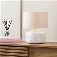 Pacific Lifestyle White Small Floral Ceramic Table Lamp | Natural Dandelion Complete Lamp with Shade for Living Rooms | Compact Coastal Bedside Table Lamps with Cotton Drum Shade