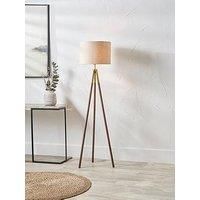 Pacific Lifestyle Vali Gold Metal And Brown Wood Grain Tripod Floor Lamp
