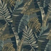 Belgravia Decor Sarika Blue Gold Wallpaper 1602 - Tropical Jungle Palm Leaf