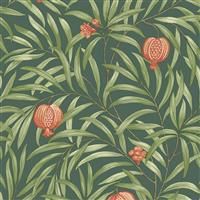 Belgravia Decor Pomegranate Deep Green Orange Wallpaper 9613 - Leaf Foliage