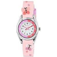 Tikkers Pink Silicone 3D Butterfly Strap, Silver Time Teacher Watch
