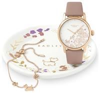 Radley Pink Leather Watch, Earrings &Trinket Tray Set