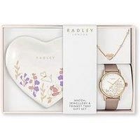 Radley Rose Gold Plated Pink Leather Watch, 18Ct Rose Gold Plated Charm Bracelet & Heart Ceramic Trinket Tray Set