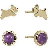 Radley 18ct Gold Plated Pink Stone and Jumping Dog Twin Pack Earrings