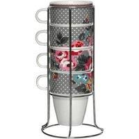 Premier Housewares 330 ml Espresso Cups Set of 4 Coffee Cups Bone China Mug Holder Chrome Stacking Cups Latte Mug 10.5x11x8.5(Each Mug)25x11x11(Stand)