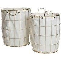 Premier Interiors Laundry Baskets Round Gold Wire Laundry Basket, Set of 2, Gold Plated Iron Wire/Cotton Mix Liner Gold