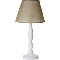 Orsina Round Base Table Lamp with EU Plug, White Wooden Candlestick Lamp Base, Fabric Shade with In-Line Switch in Beige