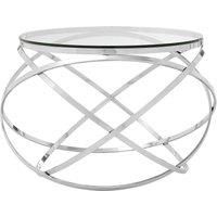 Orsina Clear Glass Side Table, Polished Circular Settee Side Table, Luxe Silver Bedside Table With Overlapping Hoops