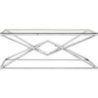 Premier Housewares Silver Rectangular Coffee Table, Stainless Steel Frame with Geometric Diamond Base, Glass Top Centrepiece