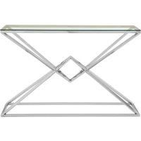 Orsina Rectangular Tempered Glass Console Table, Silver Stainless Steel Frame with Geometric Base, Hallway Console