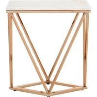Orsina Champagne Finish End Table With Rose Gold Legs, White Marble Top Side Table, Modern Prismatic Bedside Table