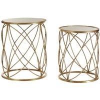 Arcana Side Tables Mirror Top Distressed Gold Metal Round Set of 2