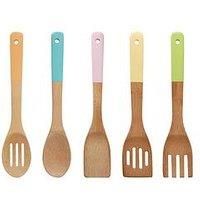 Premier Housewares 0805460 Kitchen Utensil Set, Pastel Handles 5 Piece, Bamboo, Multi/Coloured