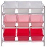 Premier Housewares 3 Tier Storage Unit, 9 Plastic Bins, White/Pink, Pine Wood