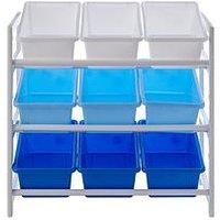 Premier Housewares 3 Tier Storage Unit, 9 Plastic Bins, Blue/White, Pine Wood