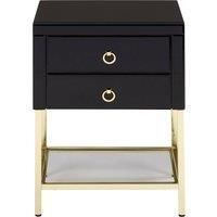 Orsina Black 2 Drawer Side Table, Gloss Finish Bedside Table With Gold Legs, Mirrored Glass Top Nightstand
