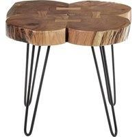 Orsina Distinctive Side Table With Acacia Wood Rings on Top, Geometric Bow-shaped Bedside Table, Metal Round Table in Brown