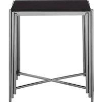 Orsina Art Deco Black Granite Side Table, Silver Finished Bedside Table, Round Table By Couch, Decorative Table