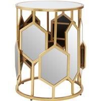 Orsina Luxe Side Table With Hexagonal Mirror, Modern Design Gold Finish Bedside Table, Round Table With Glass Top