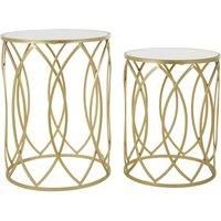 Premier Housewares Set of 2 Champagne Finish Side Tables, Lamp Tables, Champagne Finish, Sturdy Iron Frame, Openframe Structure, Round Reflective Mirrored Top, Dimensions are W43 x D43 x H55cm.