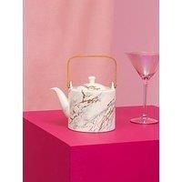 Premier Housewares Marble Effect Tea Pot, White, Bamboo Handle