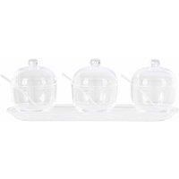 Premier Housewares Sugar Pot Vintage Sauce Dish Transparent Condiment Pots with Spoon and Tray Durable Containers Set of 3 w33 x d10 x h13cm