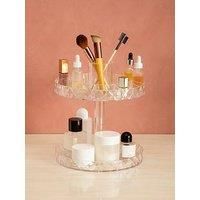 Premier Housewares Cosmetic Organiser With 2 Tier Round Compartments Clear Diamond Multipurpose Storage Statement Piece for Dresser / Bathroom With Rotating Base W26 X D26 X H34cm.