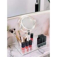 Premier Housewares Cosmetic Organiser With 9 Wide Compartments Clear Square Multipurpose Storage Statement Piece for Dresser / Bathroom With Mirror W22 X D13 X H26cm.