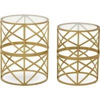 Orsina Set Of 2 Diamond Pattern Side Table, Round Bedside Table With Marble Top, Gold Metallic Nesting Table