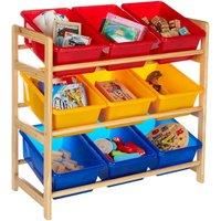 Premier Housewares 2400270 3-Tier Storage Unit with Pine Frame and 9 Plastic Coloured Storage Bins