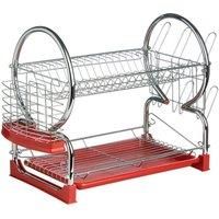 Premier Housewares 2 Tier Dish Drainer, Dish Rack with Drip Tray, Sink Caddy - Chrome/Red