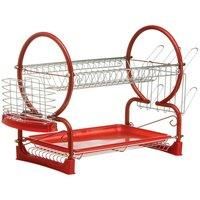 2 Tier Chrome Dish Drainer Sink Cutlery Rack Holder Plates Tray Rack Red New