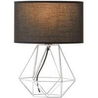 Orsina Black Drum Shade Table Lamp With Chrome Cage Base, Sturdy Bedside Lighting Piece, Modern Iron Lamp Fixture in Silver