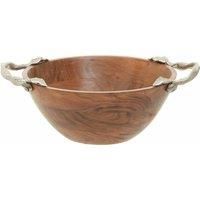 Interiors By Ph Large Round Bowl, Acacia Wood, Aluminium Leaf Handles