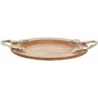 Interiors By Ph Small Round Tray, Acacia Wood, Aluminium Leaf Handles
