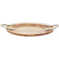 Interiors By Ph Large Round Tray, Acacia Wood, Aluminium Leaf Handles
