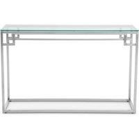 Orsina Tempered Glass Silver Finish Console Table, Stainless Steel Frame With Geometric Design, Glass Top