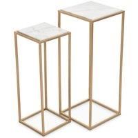 Orsina Nest of 2 Natural Marble Top Side Tables, Square End Tables for Home, Gold Finish Open Frame Bedside Tables in White