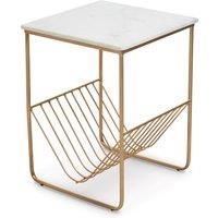 Orsina White Marble Rack Side Table, End Table with Gold Finish Metal Frame, Bedside Marbe Table with Storage