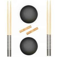 Interiors By Ph 6Pc Black Ceramic And Wood Sushi Set, Cream