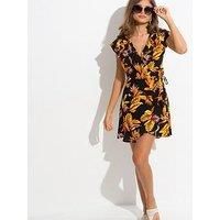 Pour Moi Woven Frill Wrap Dress - Black/Multi