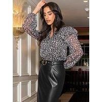 Pour Moi Angelina Sparkle Shirred Detail Long Sleeve Chiffon Blouse