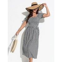 Pour Moi Daisy Shirred Bodice Gingham Short Sleeve Woven Midi Dress