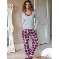 Pour Moi Rib Jersey Lace Trim Henley Top & Check Trouser Pyjama Set