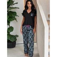 Pour Moi Satin Jersey T-Shirt Pyjama Set - Dark Multi
